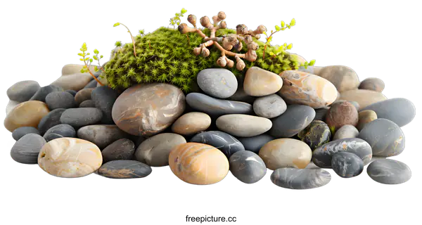[Transparent Background PNG]Smooth Stones with Green Moss on White Background