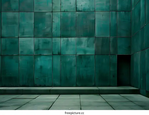 Green Tiled Wall Corner with Doorway and Concrete Platform