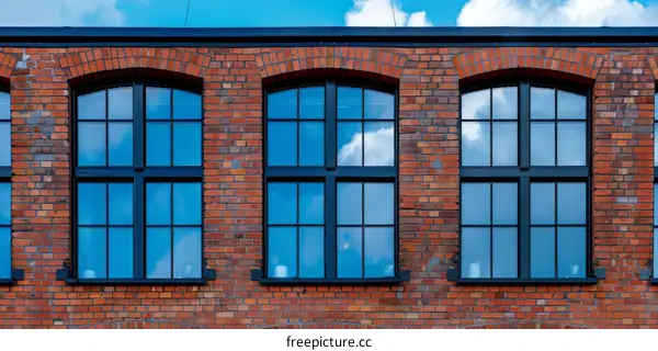 Brick Building Reflecting Blue Sky and Clouds
