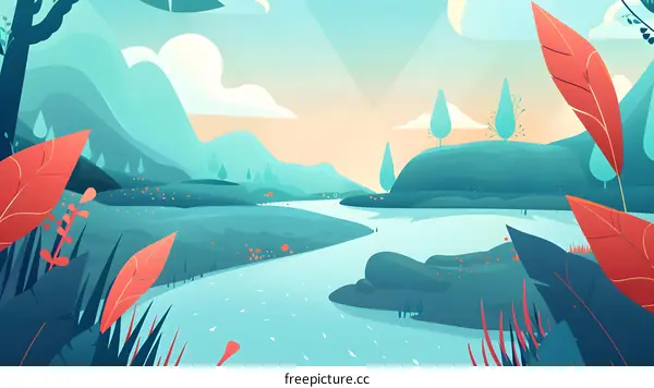 Beautiful Blue River with Green Hills and Red Leaves