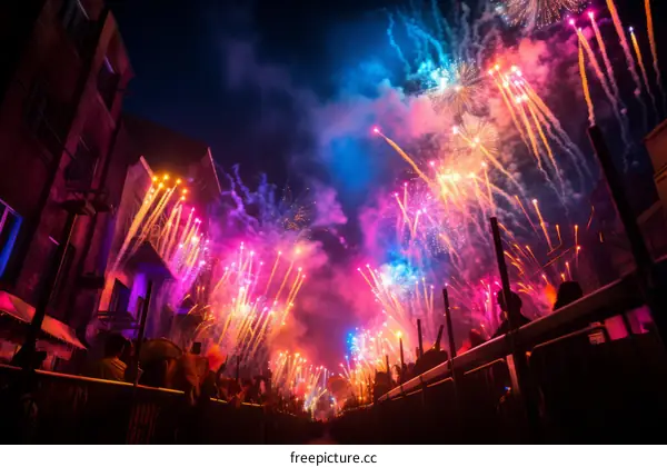 Fireworks light up the night sky over a city street with people watching