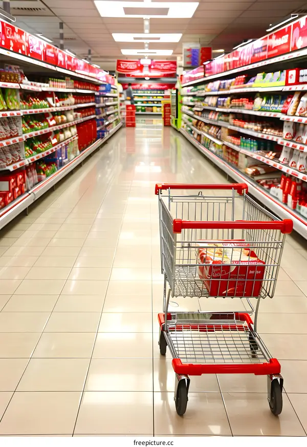 Shopping Cart in an Empty Supermarket Aisle