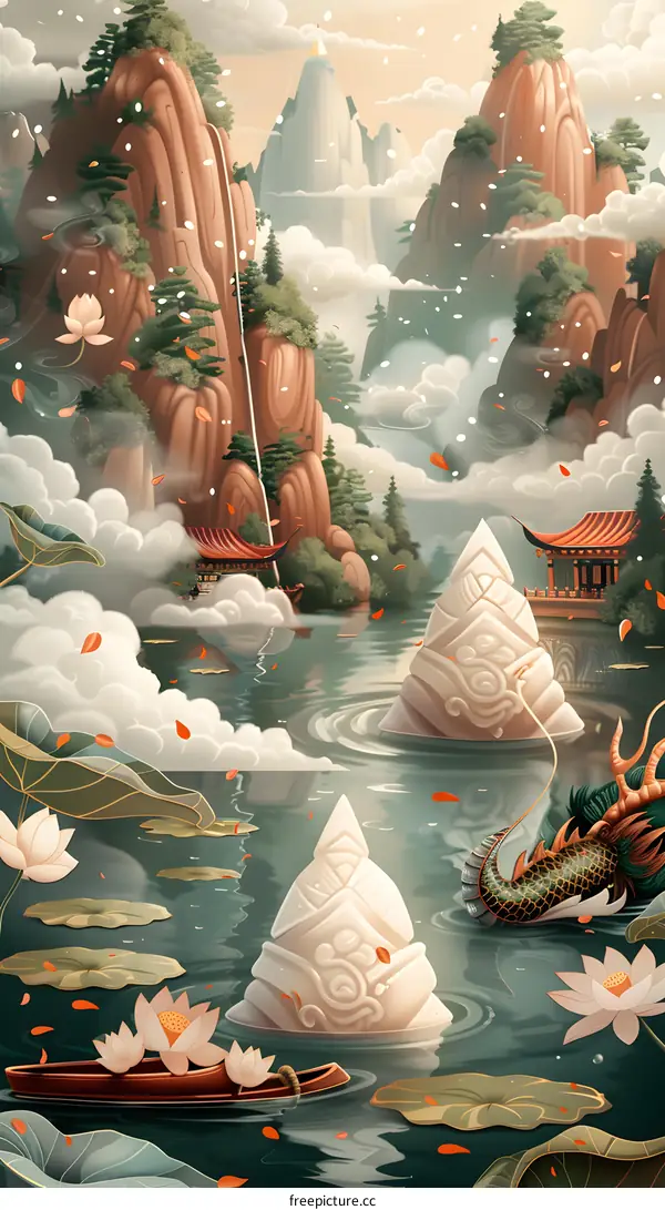 Serene Mountain Lake with Lotus Flowers and Dragon