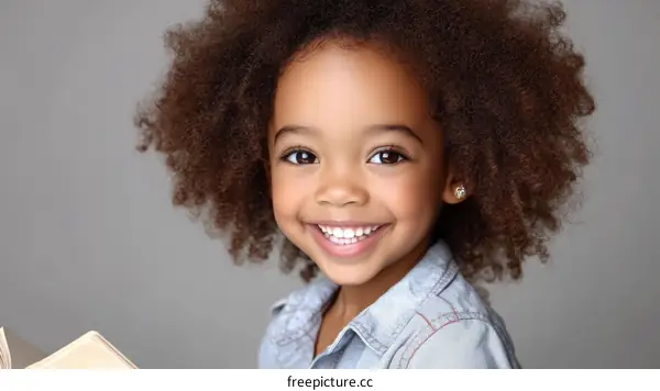 Smiling Child with Curly Hair Holding Book