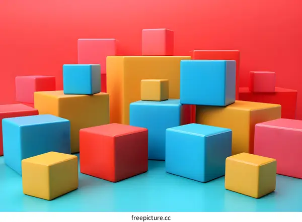 Colorful 3D cubes on blue and red background