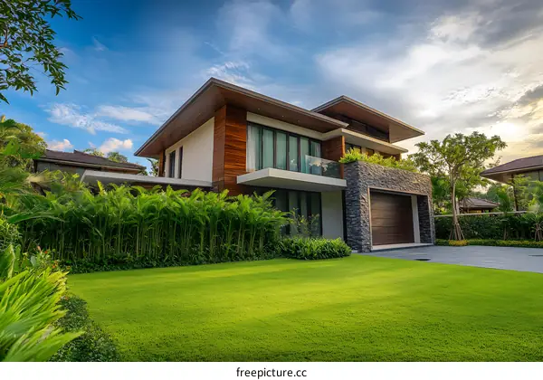 Modern Luxury House with Green Lawn and Sky