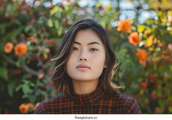 Asian Woman Portrait With Flowers in the Background