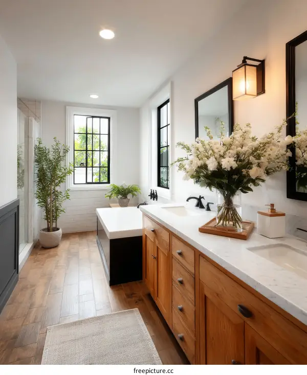 Modern Farmhouse Style Bathroom with Wooden Cabinets