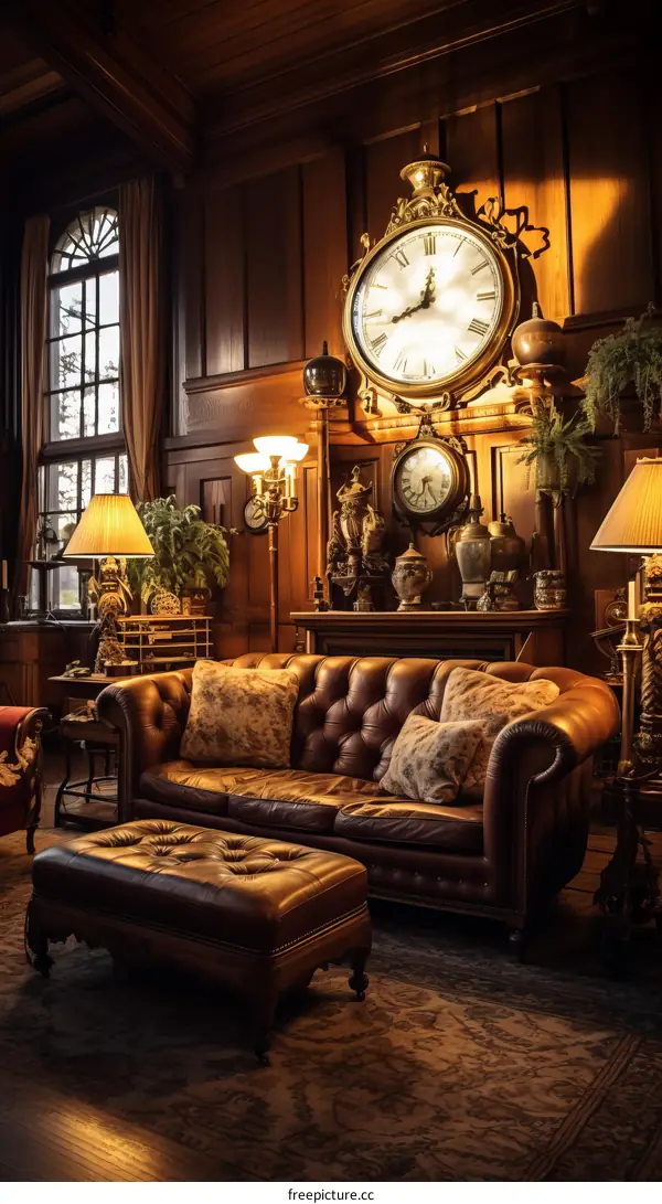 luxurious living room interior with leather furniture and wood paneling