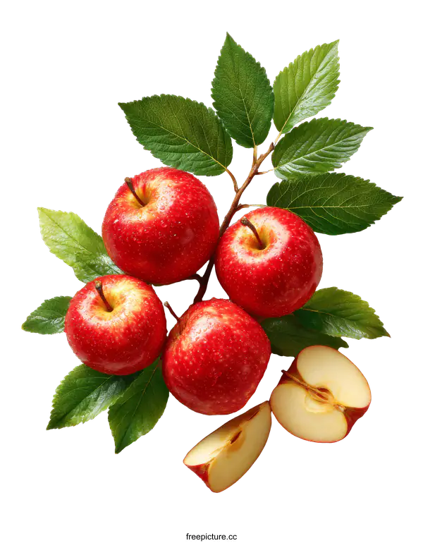 [Transparent Background PNG]Fresh Red Apples with Leaves and Slices