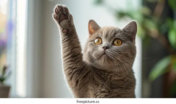 A gray cat is raising its paw