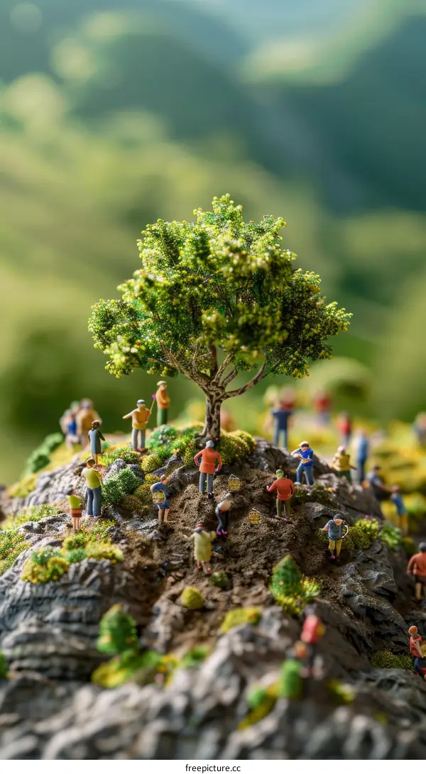 Miniature People Gathering Around a Tree on a Rocky Hilltop