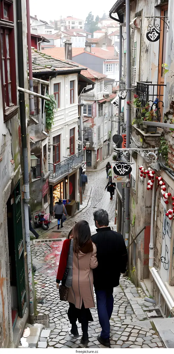 Couple Walking in Narrow Street of European City