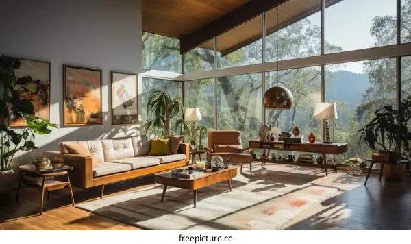 Retro home interior design with large windows