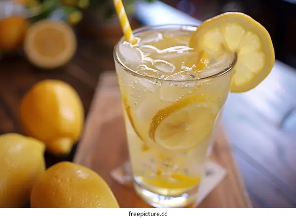 Glass of Lemon Soda with Ice and Lemon Slices
