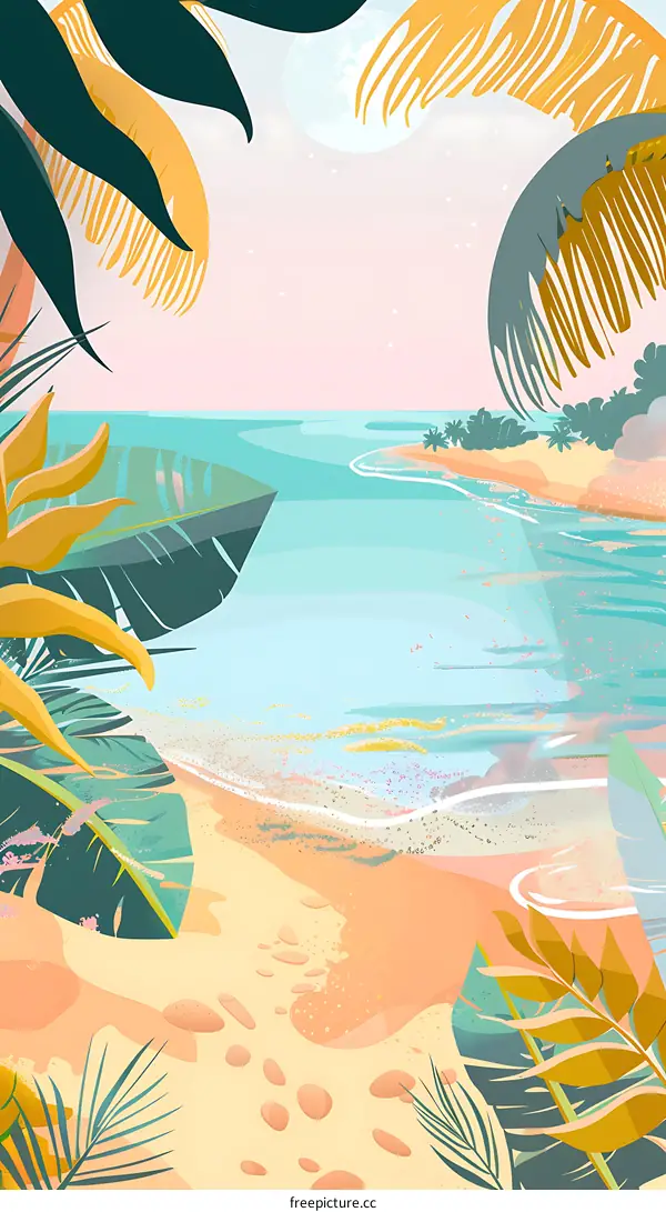 Tropical Beach Landscape Illustration With Palm Leaves