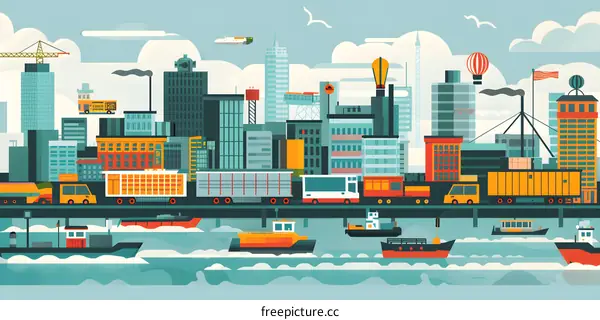 Colorful Cityscape Illustration with Buildings, Vehicles, and Water