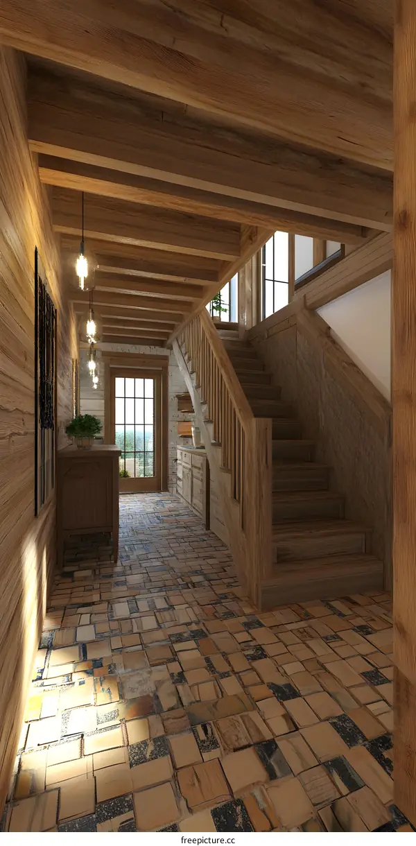 Rustic Wooden Staircase Interior Design with Tile Floor