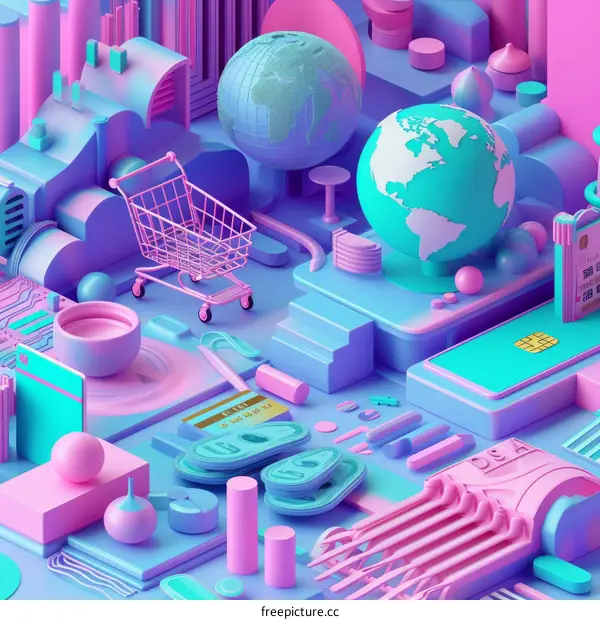 3d illustration of a shopping cart, globe, money, and credit card