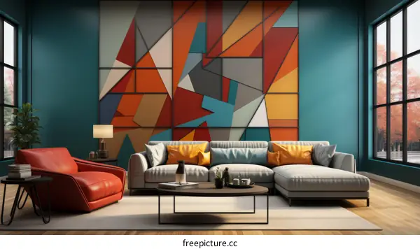 A Stylish Living Room With a Colorful Geometric Wall