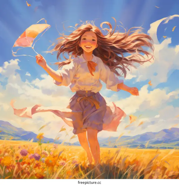 Cheerful girl running through a field of flowers on a sunny day while flying a kite