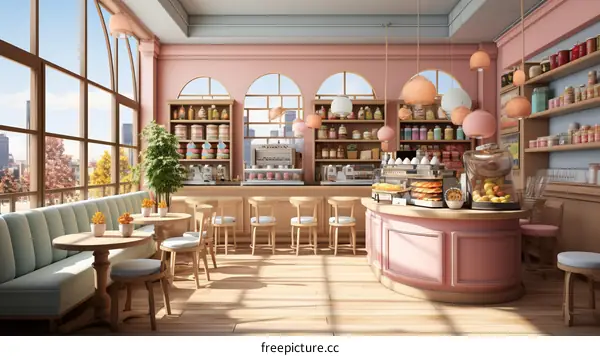 Pink Dreamy Cafe Interior with Large Windows