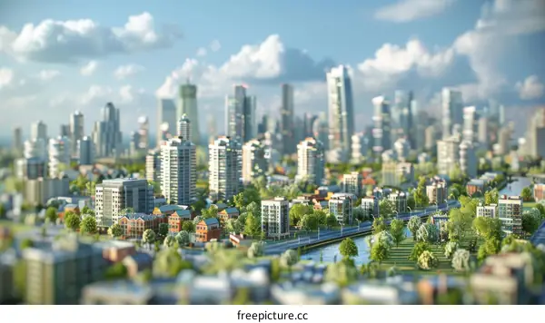 Modern Cityscape Illustration with Lush Green Spaces