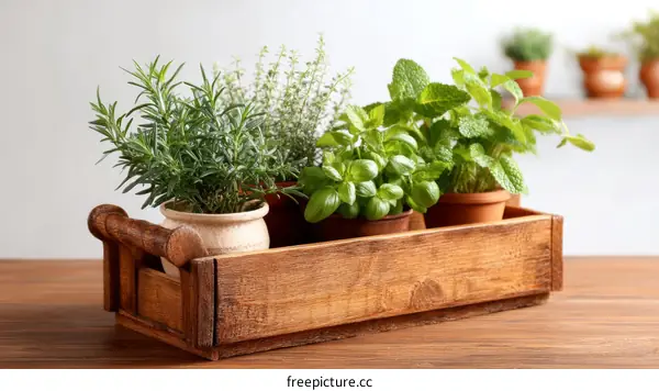 Wooden Herb Garden Tray with Various Herbs