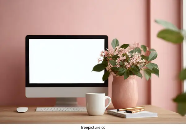 Pink Workspace with Computer and Flowers