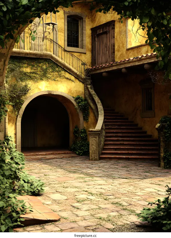Old Italian Courtyard With Vines and Stone Stairs