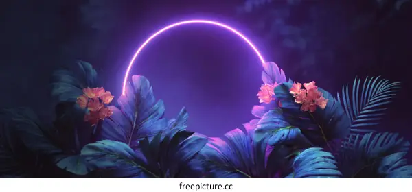 Neon Circle Frame with Tropical Plants