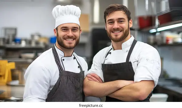 Two Caucasian Chefs Smiling in Kitchen