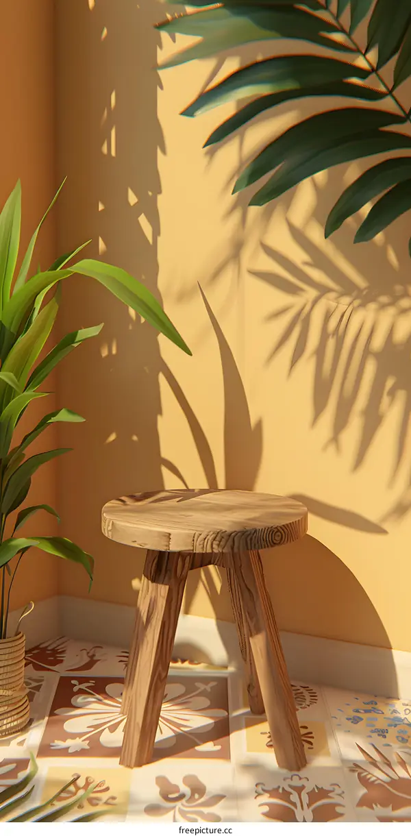Minimalist Wooden Stool and Palm Tree Shadows