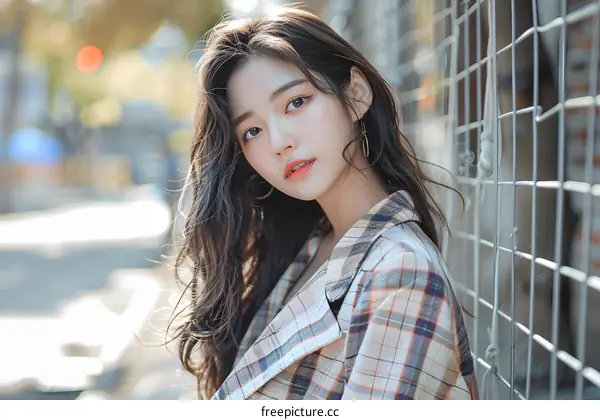 Beautiful Asian Woman with Long Hair in a Plaid Shirt