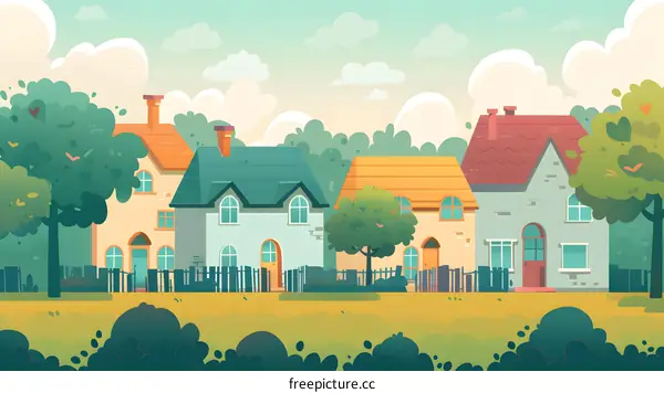 Cartoon Illustration of a Neighborhood with Houses and Trees
