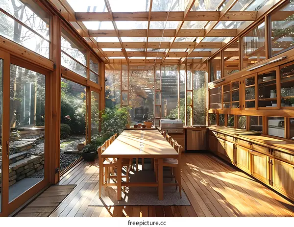 Sunlit Sunroom with Wooden Accents