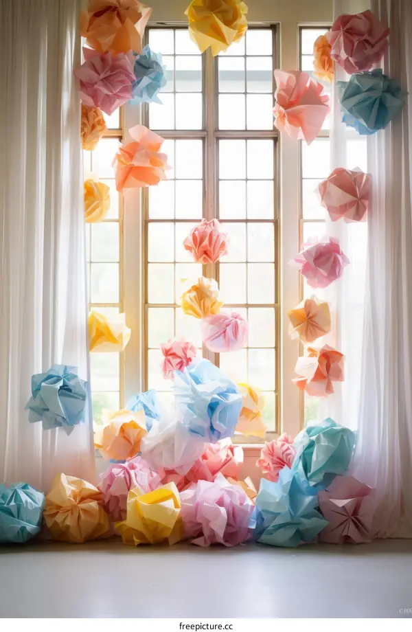 Paper Flowers Adorning a Window