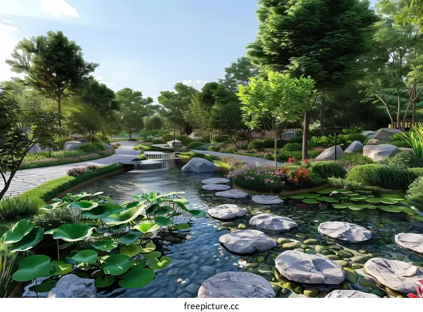 Landscaped Stepping Stones Over Tranquil Stream
