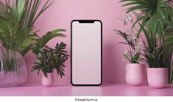Pink Phone Mockup with Plants and Flowers