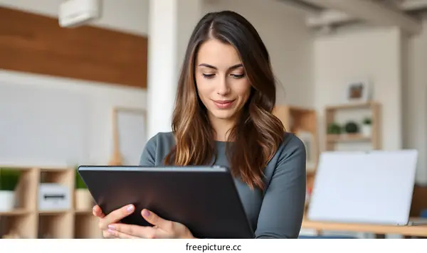 Young Caucasian Woman Working on Tablet in Office