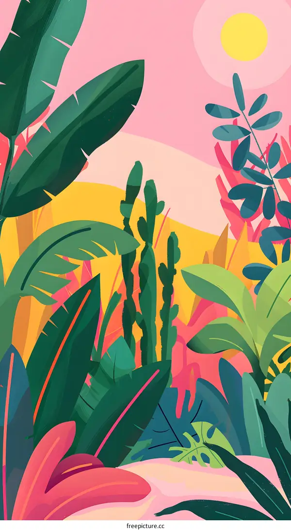 Tropical Illustration with Pink and Yellow Background