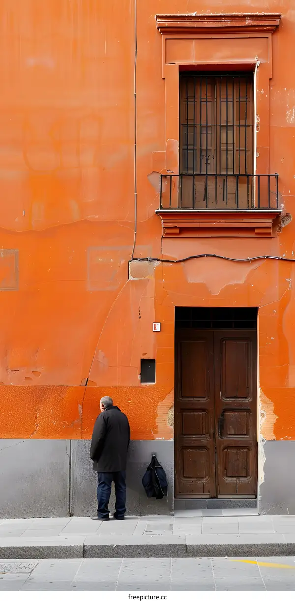 Man Standing in Front of Orange Building with Door and Window