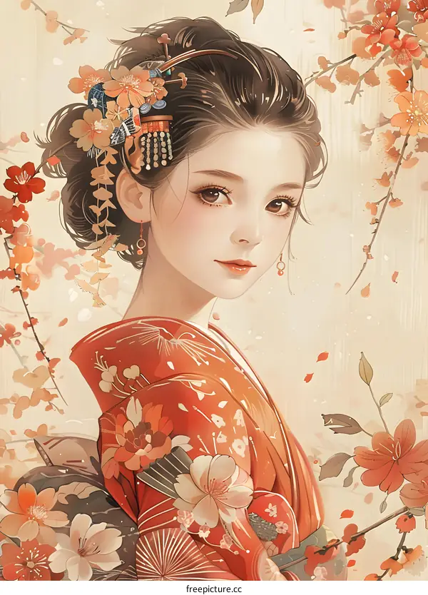 A beautiful Japanese woman in a kimono with cherry blossoms