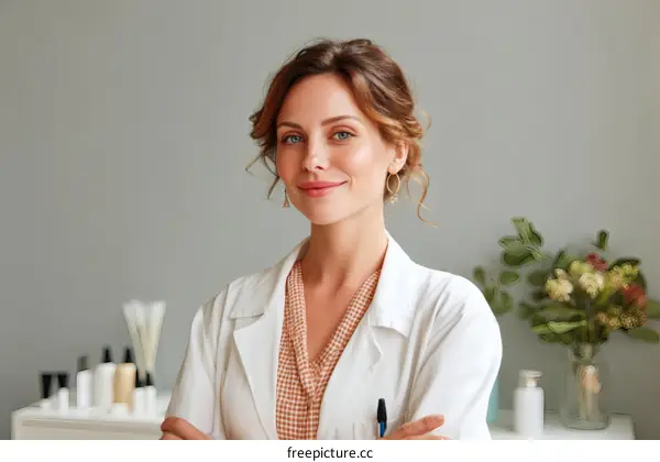 Confident Female Professional in White Coat