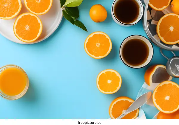 Orange Juice and Tea on Blue Background