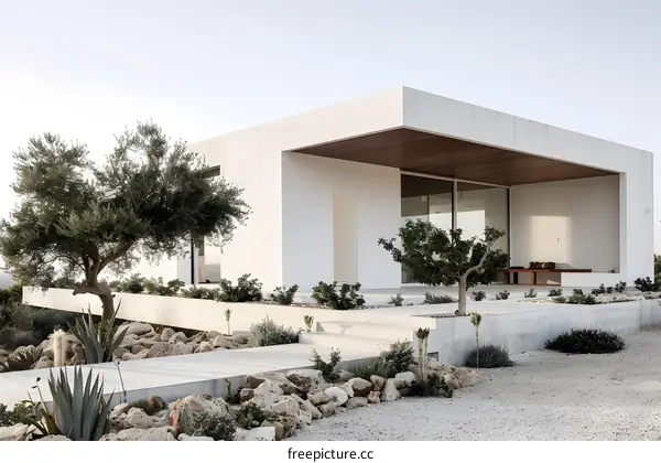 Minimalist Modern White House with Stone Pathway