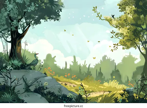 Forest Pathway with Birds and Butterflies