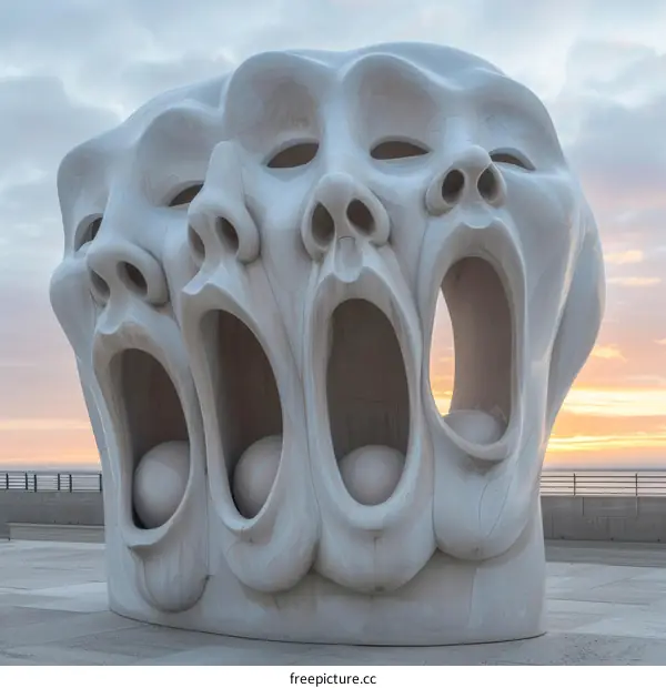Screaming Faces Sculpture by the Sea at Sunset