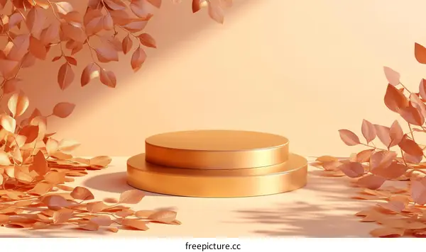 Golden Autumn Display Podium with Dried Leaves