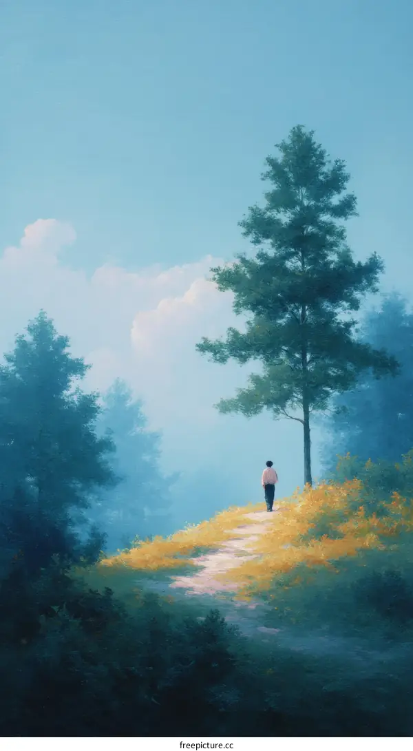 A solitary figure walks a path through a misty forest